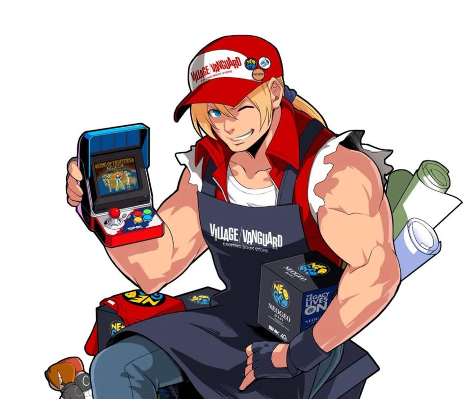 An image of Terry Bogard surrounded by snk playmore merchandise he is winking at the viewer with a smile!